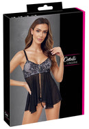 BABYDOLL EM RENDA PRETA COM FUNDO BRANCO E COM TANGA ABERTA
