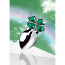 PLUG METALICO COM PEDRA VERDE EM FORMA DE TREVO