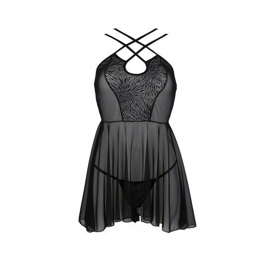 CAMISA DE NOITE E TANGA SELAGINELLA PRETO ECO COLLECTION PASSION