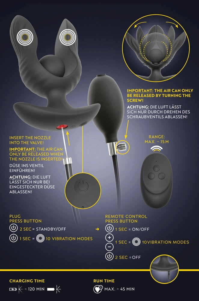 PLUG ANAL INSUFLÁVEL COM VIBRAÇÃO PRETO