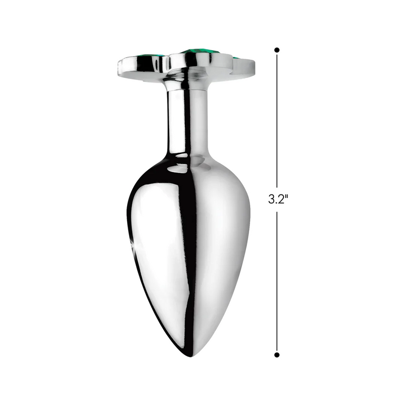 PLUG METALICO COM PEDRA VERDE EM FORMA DE TREVO