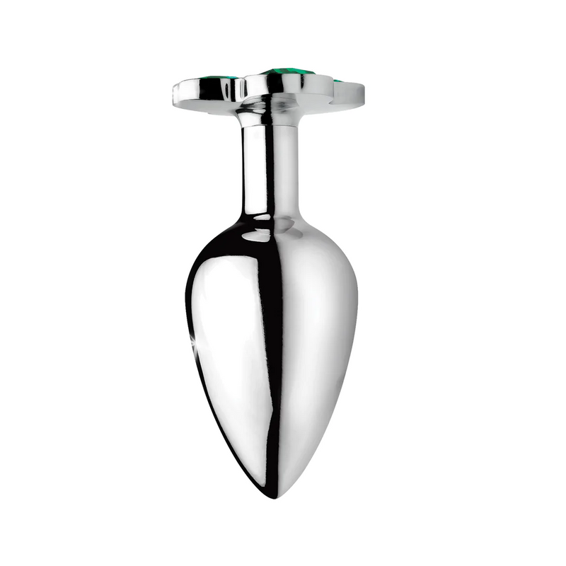 PLUG METALICO COM PEDRA VERDE EM FORMA DE TREVO