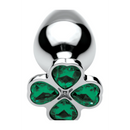 PLUG METALICO COM PEDRA VERDE EM FORMA DE TREVO