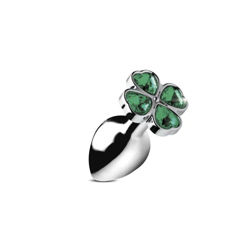 PLUG METALICO COM PEDRA VERDE EM FORMA DE TREVO