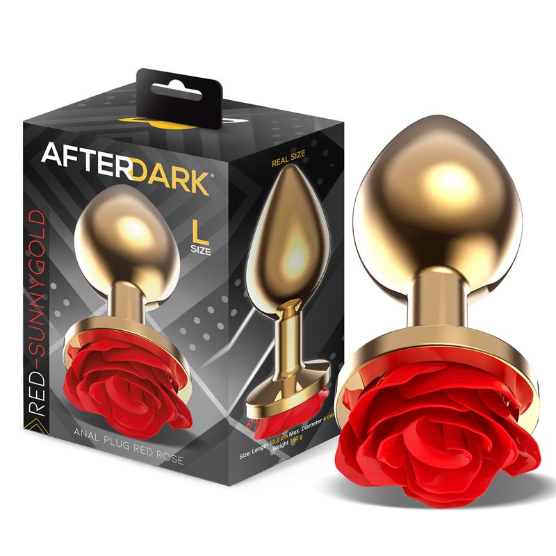 PLUG ANAL DE METAL DOURADO COM ROSA VERMELHA