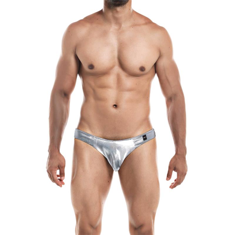 CUECA PROVOCANTE DE CORTE BAIXO BRILHANTE EM PRATEADO
