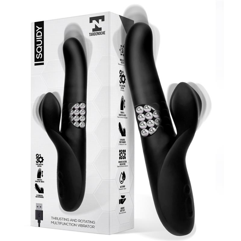 VIBRADOR SQUIDY COM FUNÇÃO DE MOVIMENTO E BOLAS ROTATIVAS DE SILICONE USB